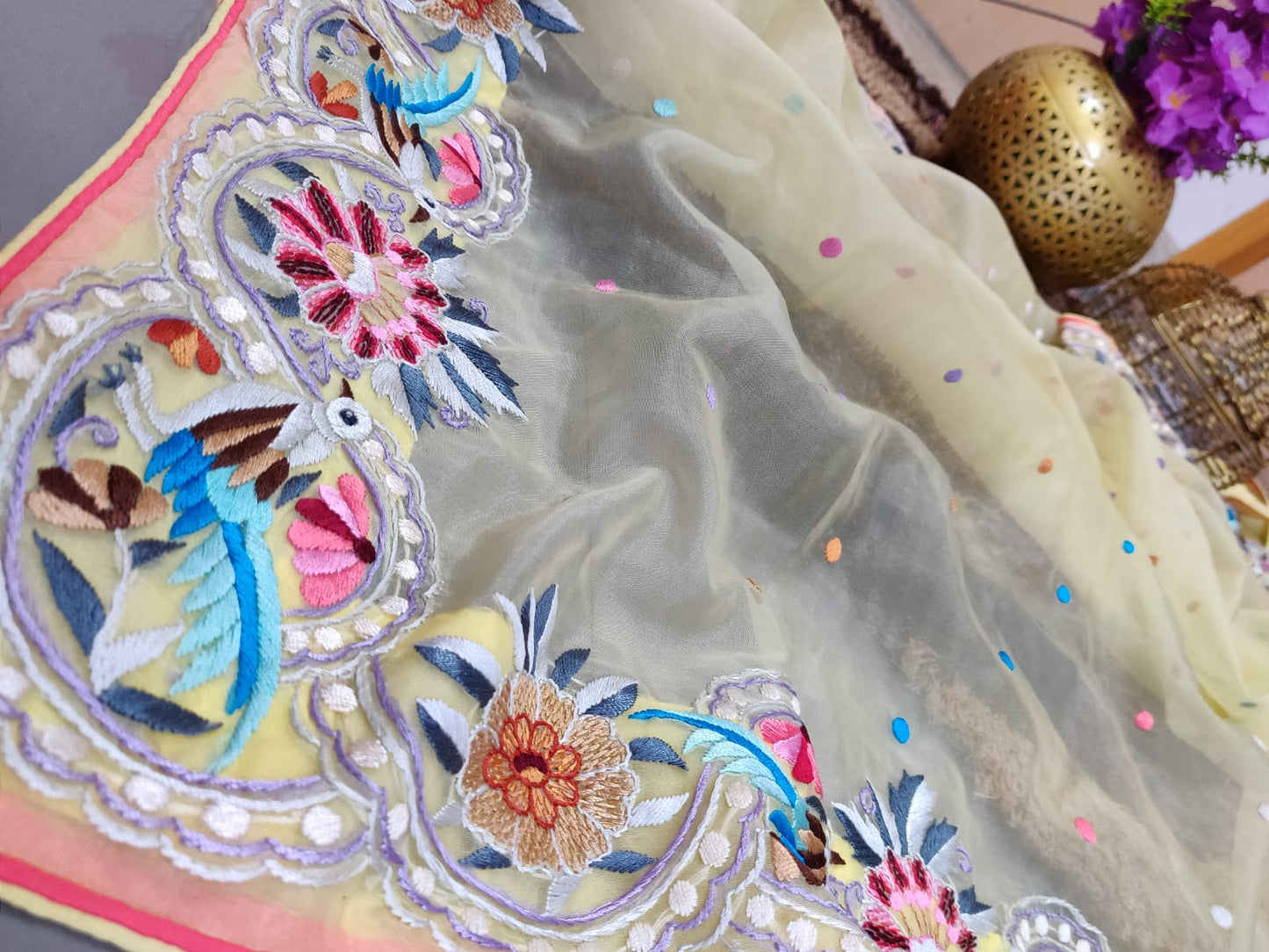 Yellow Hand Embroidered Parsi Gara Pure Organza Dupatta - Luxurion World