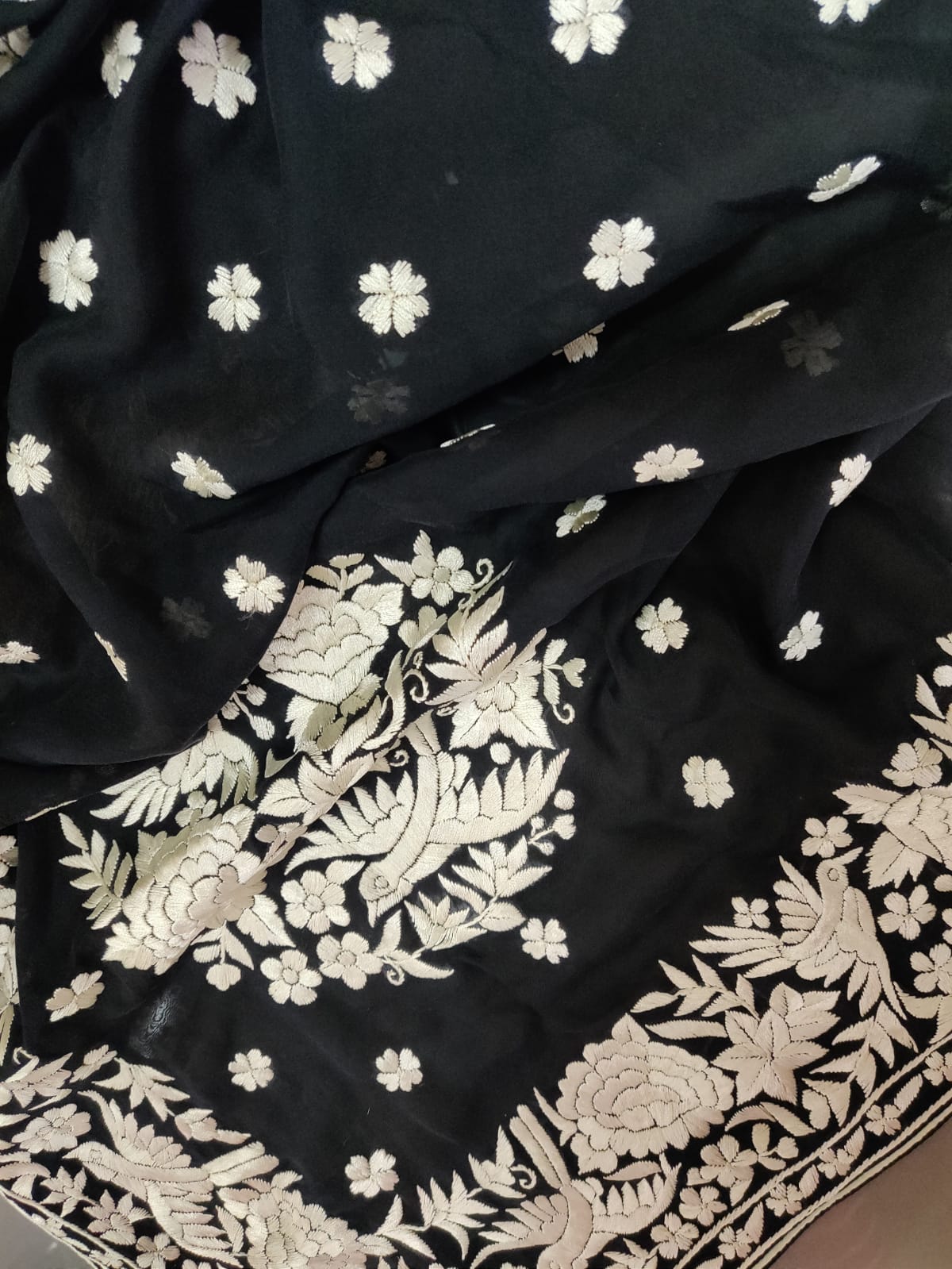 Black Hand Embroidered Parsi Gara Pure Georgette Dupatta - Luxurion World