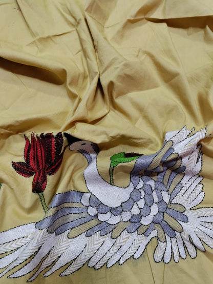 Yellow Hand Embroidered Kantha Work Cotton Blouse Piece ( 1 Mtr ) - Luxurion World
