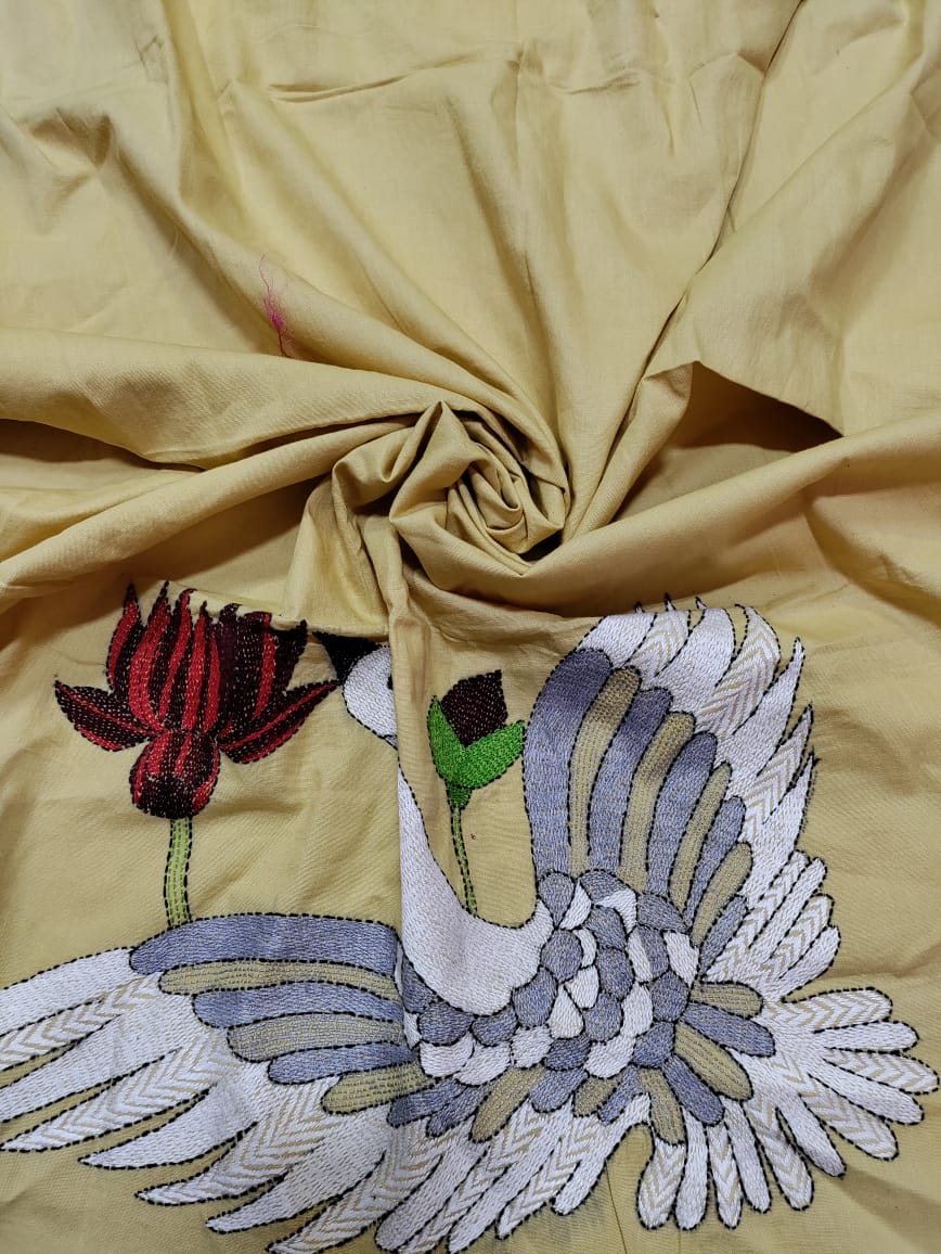 Yellow Hand Embroidered Kantha Work Cotton Blouse Piece ( 1 Mtr ) - Luxurion World