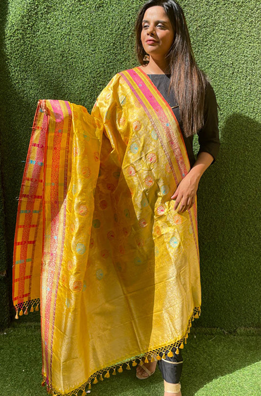 Yellow Handloom Banarasi Pure Katan Silk Meenakari Dupatta - Luxurion World