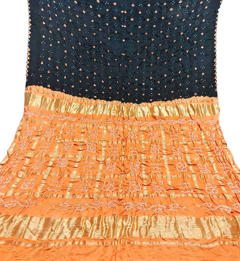 Stunning Black and Orange Checks Bandhani Gajji Silk Gharchola Saree - Luxurion World