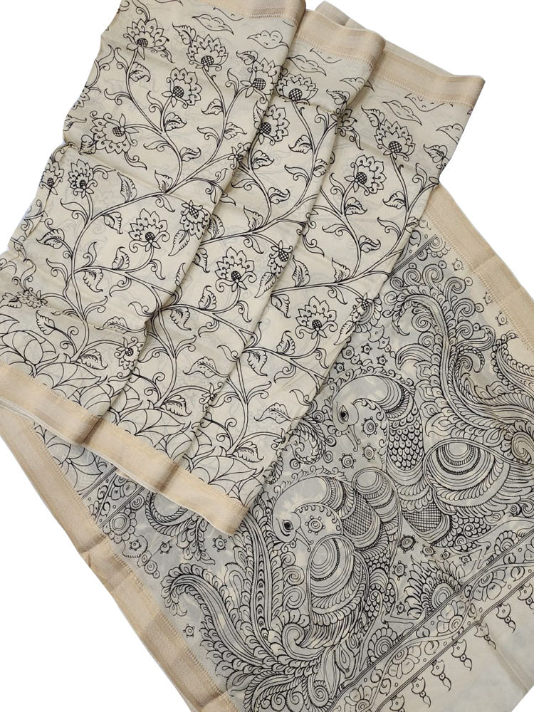 Stunning Black & White Kalamkari Bangalore Silk Saree - Hand Painted Beauty - Luxurion World