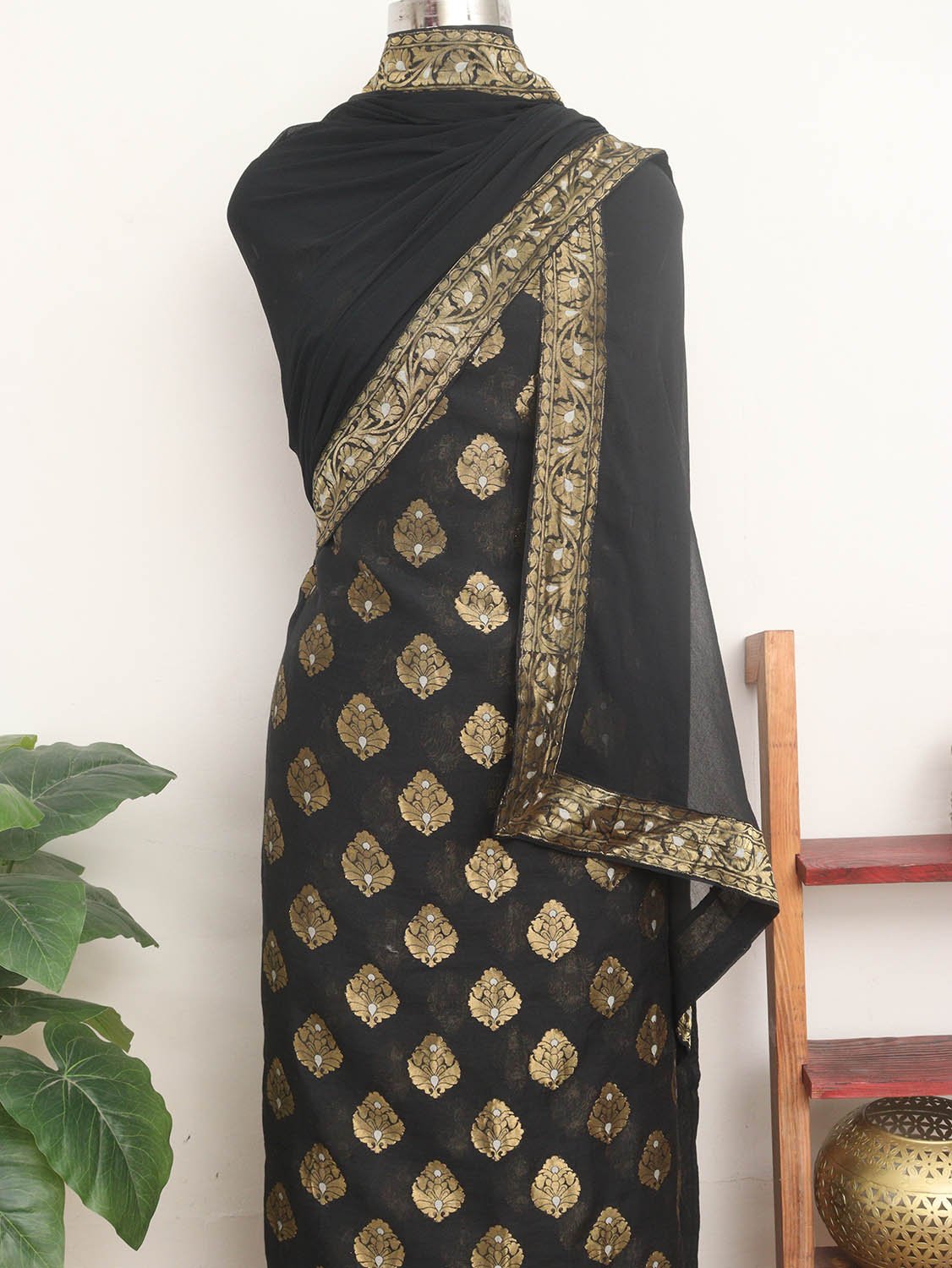 Stunning Black Banarasi Georgette Sona Roopa Suit Set - Unstitched - Luxurion World