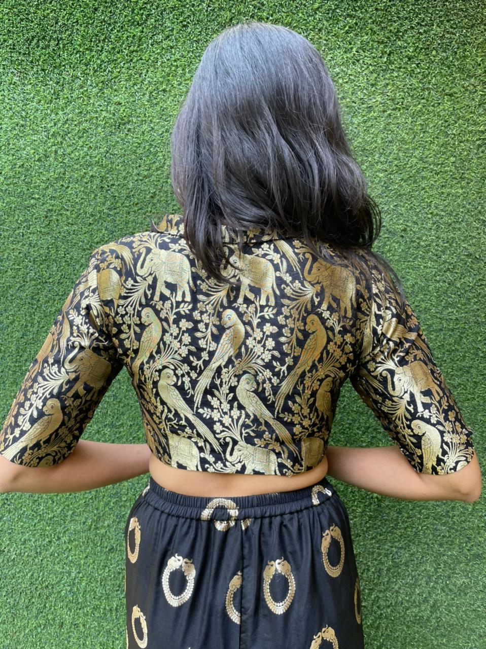 Black Banarasi Silk 3/4 Sleeves Collar Neck Padded Parrot And Elephant Design Blouse - Luxurion World