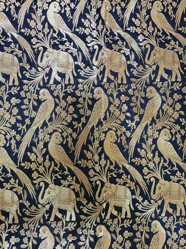 Black Banarasi Silk Elephant And Parrot Design Fabric (0.8 Mtr) - Luxurion World