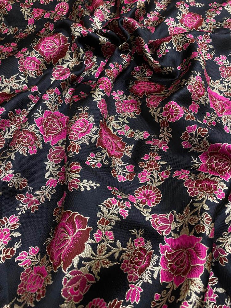 Black Banarasi Silk Meenakari Fabric ( 1 Mtr ) - Luxurion World