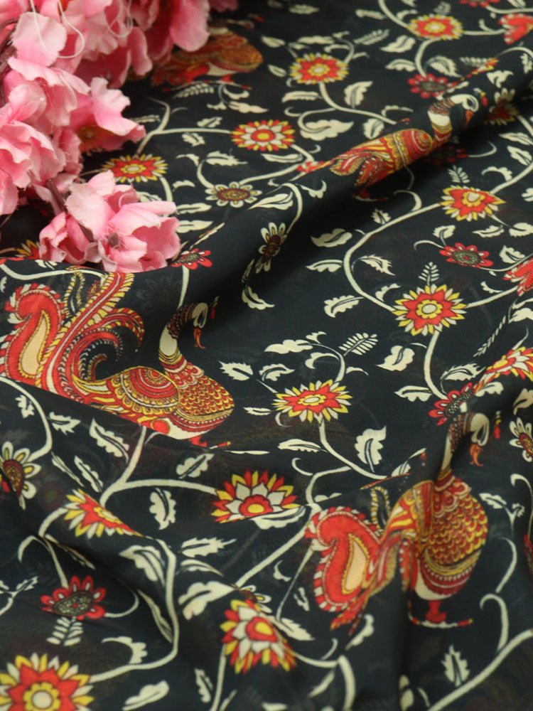Black Digital Printed Georgette Floral Design Fabric ( 1 Mtr ) - Luxurion World