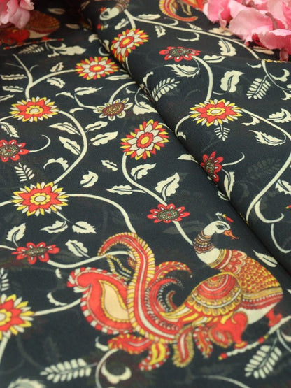 Black Digital Printed Georgette Floral Design Fabric ( 1 Mtr ) - Luxurion World