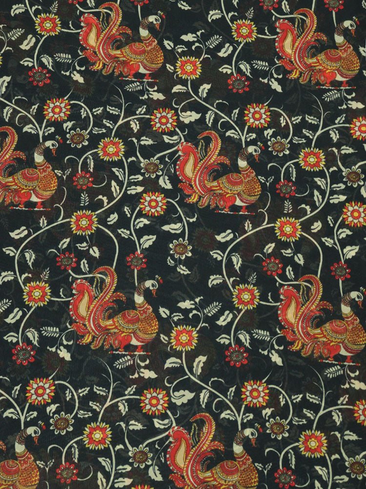 Black Digital Printed Georgette Floral Design Fabric ( 1 Mtr ) - Luxurion World