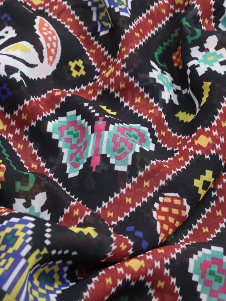 Black Digital Printed Georgette Patola Design Fabric ( 1 Mtr ) - Luxurion World