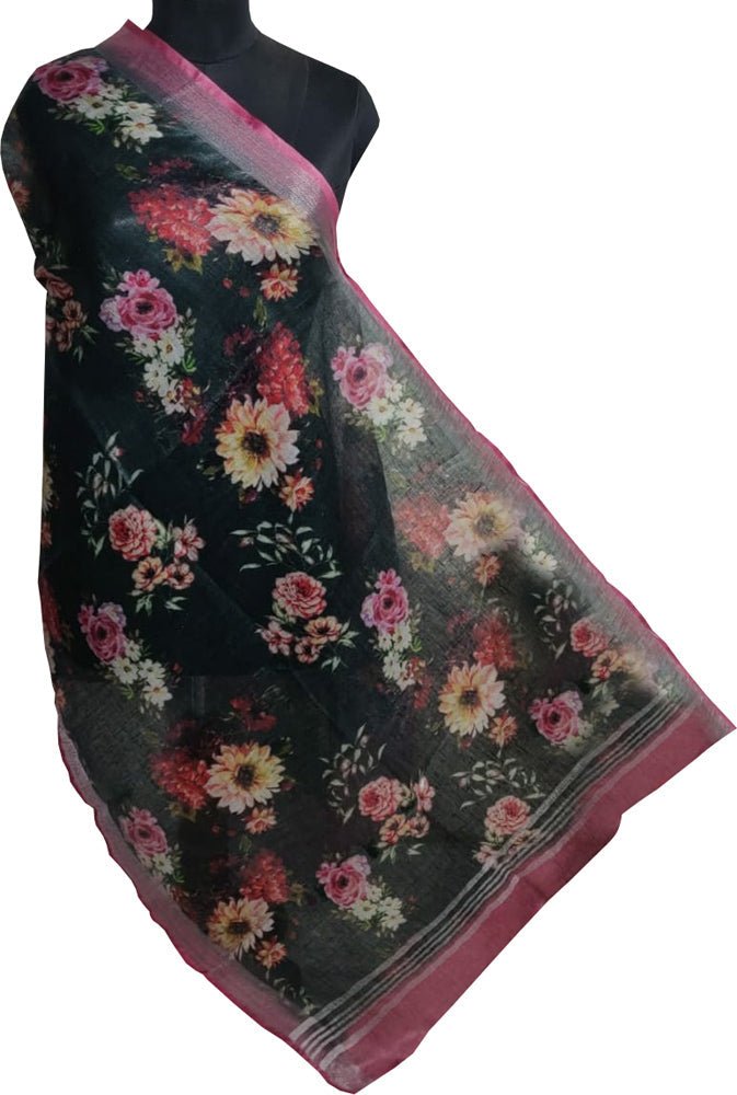 Black Digital Printed Linen Floral Design Dupatta - Luxurion World