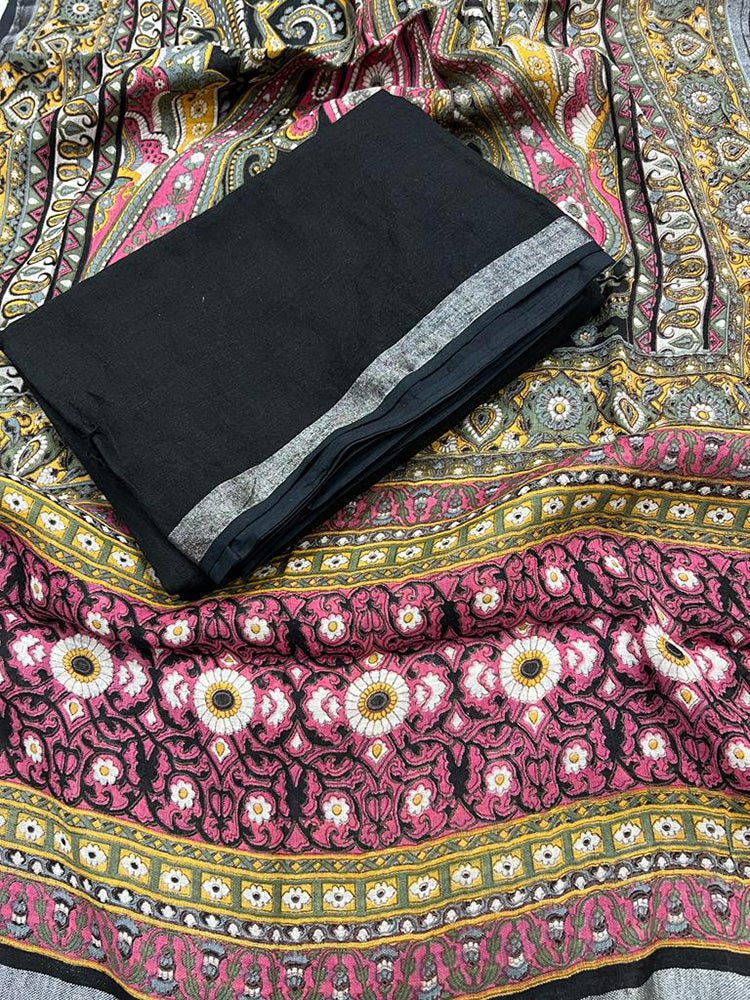 Black Digital Printed Linen Three Piece Unstitched Suit Set - Luxurion World