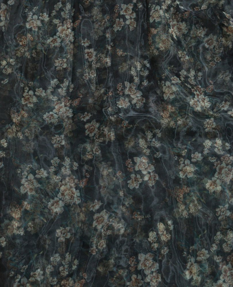 Black Digital Printed Organza Silk Floral Design Fabric ( 1 Mtr ) - Luxurion World