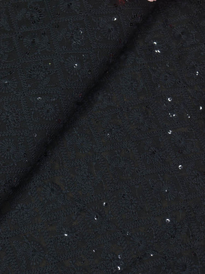 Black Embroidered Chikankari Georgette Sequins Work Fabric ( 0.75 Mtr ) - Luxurion World