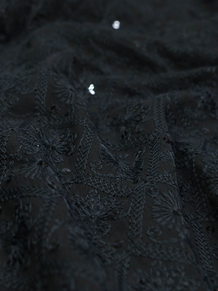 Black Embroidered Chikankari Georgette Sequins Work Fabric ( 0.75 Mtr ) - Luxurion World