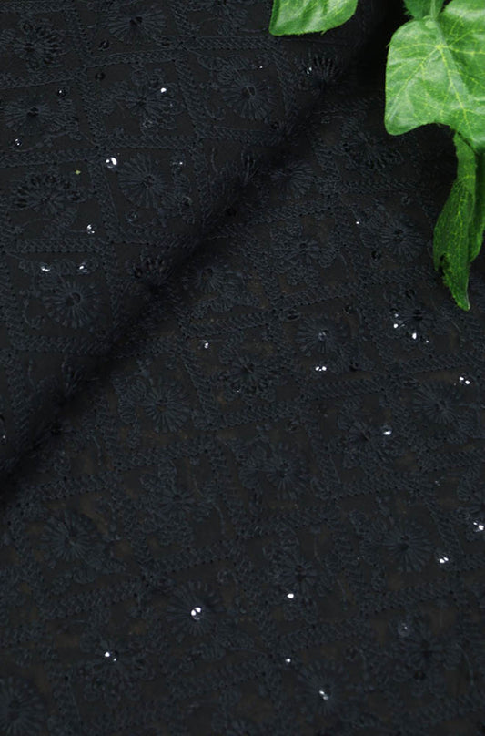 Black Embroidered Chikankari Georgette Sequins Work Fabric ( 0.75 Mtr ) - Luxurion World