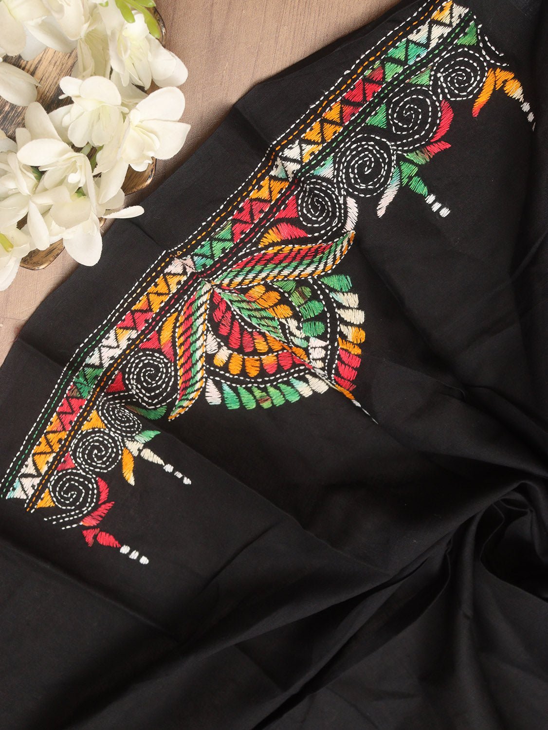 Black Embroidered Kantha Cotton Blouse Piece Fabric ( 1 Mtr ) - Luxurion World