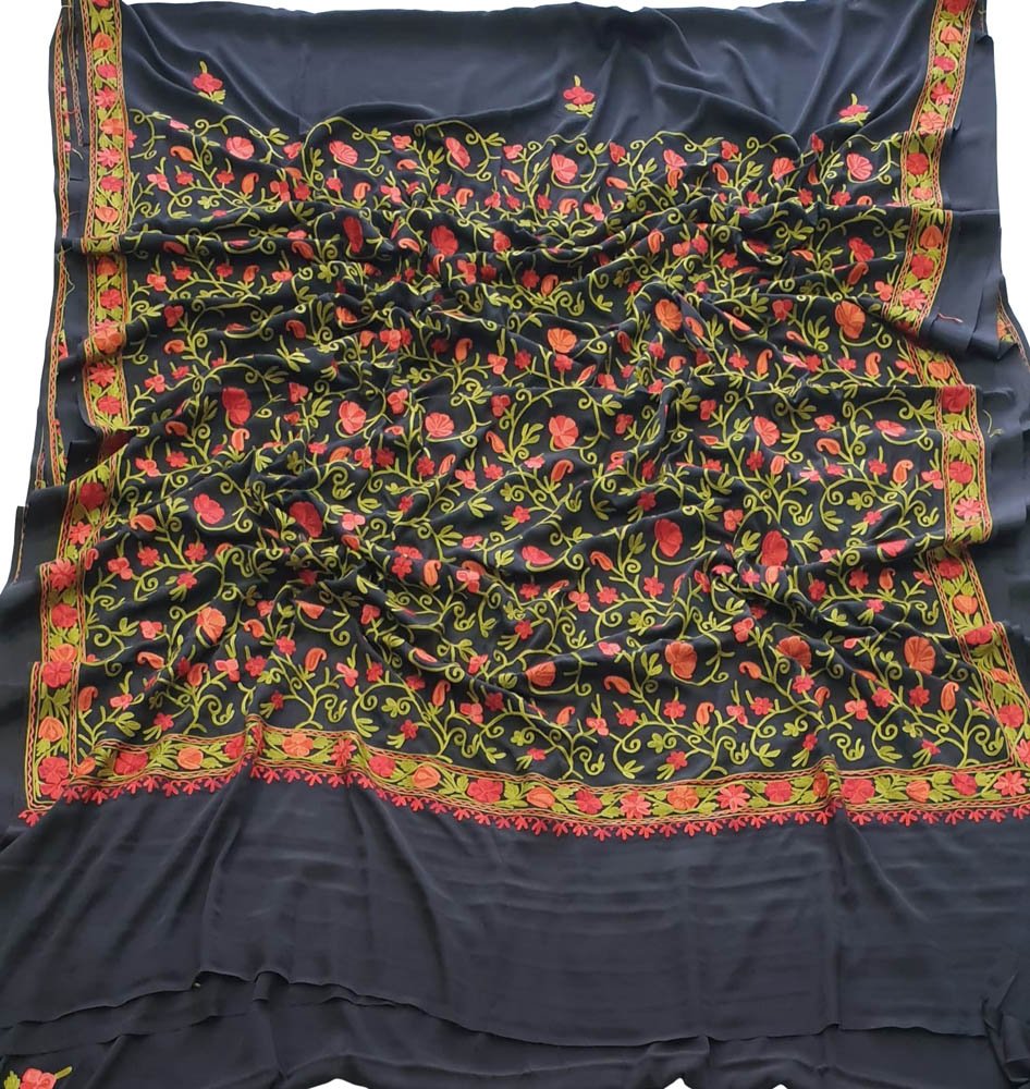 Black Embroidered Kashmiri Aari Work Crepe Flower Design Saree - Luxurion World