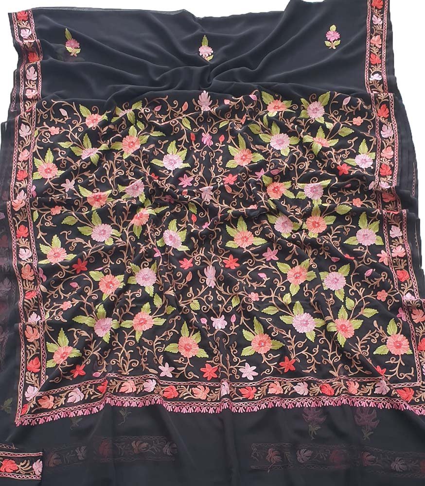 Black Embroidered Kashmiri Aari Work Georgette Floral Design Saree - Luxurion World