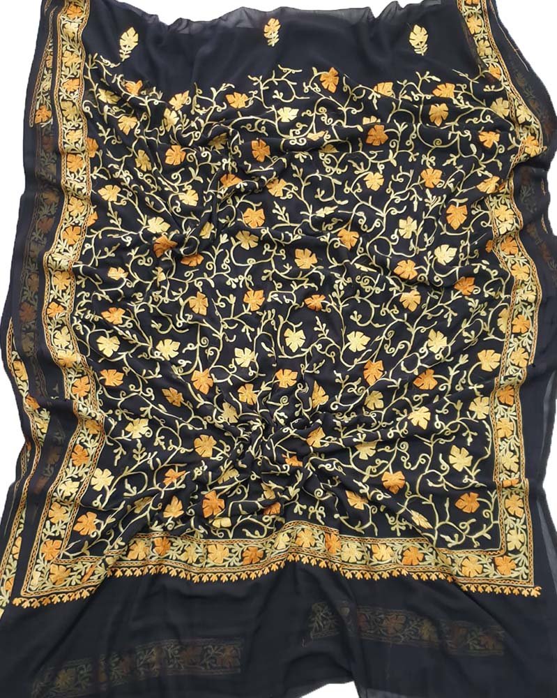 Black Embroidered Kashmiri Aari Work Georgette Floral Design Saree - Luxurion World