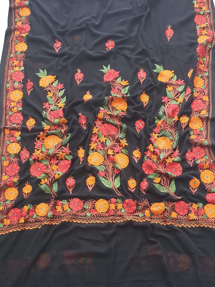 Black Embroidered Kashmiri Aari Work Georgette Flower Design Saree - Luxurion World
