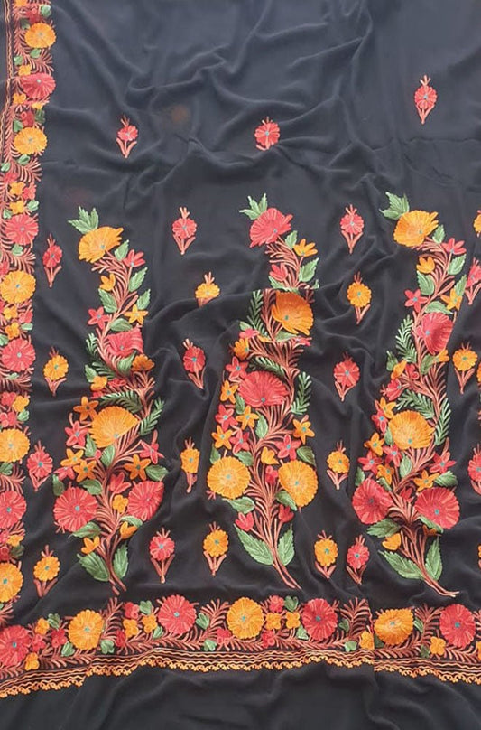 Black Embroidered Kashmiri Aari Work Georgette Flower Design Saree - Luxurion World