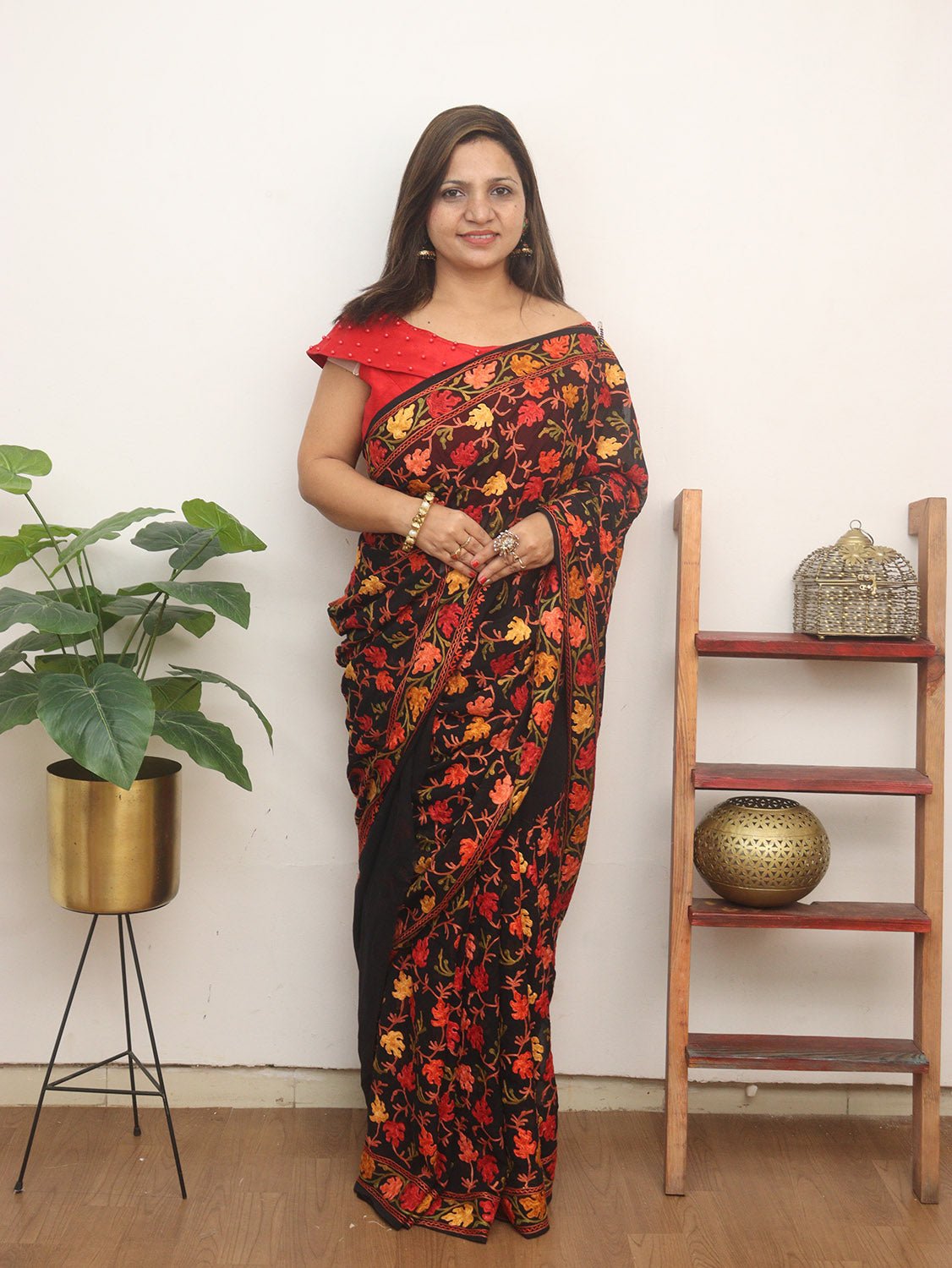 Black Embroidered Kashmiri Aari Work Georgette Saree - Luxurion World