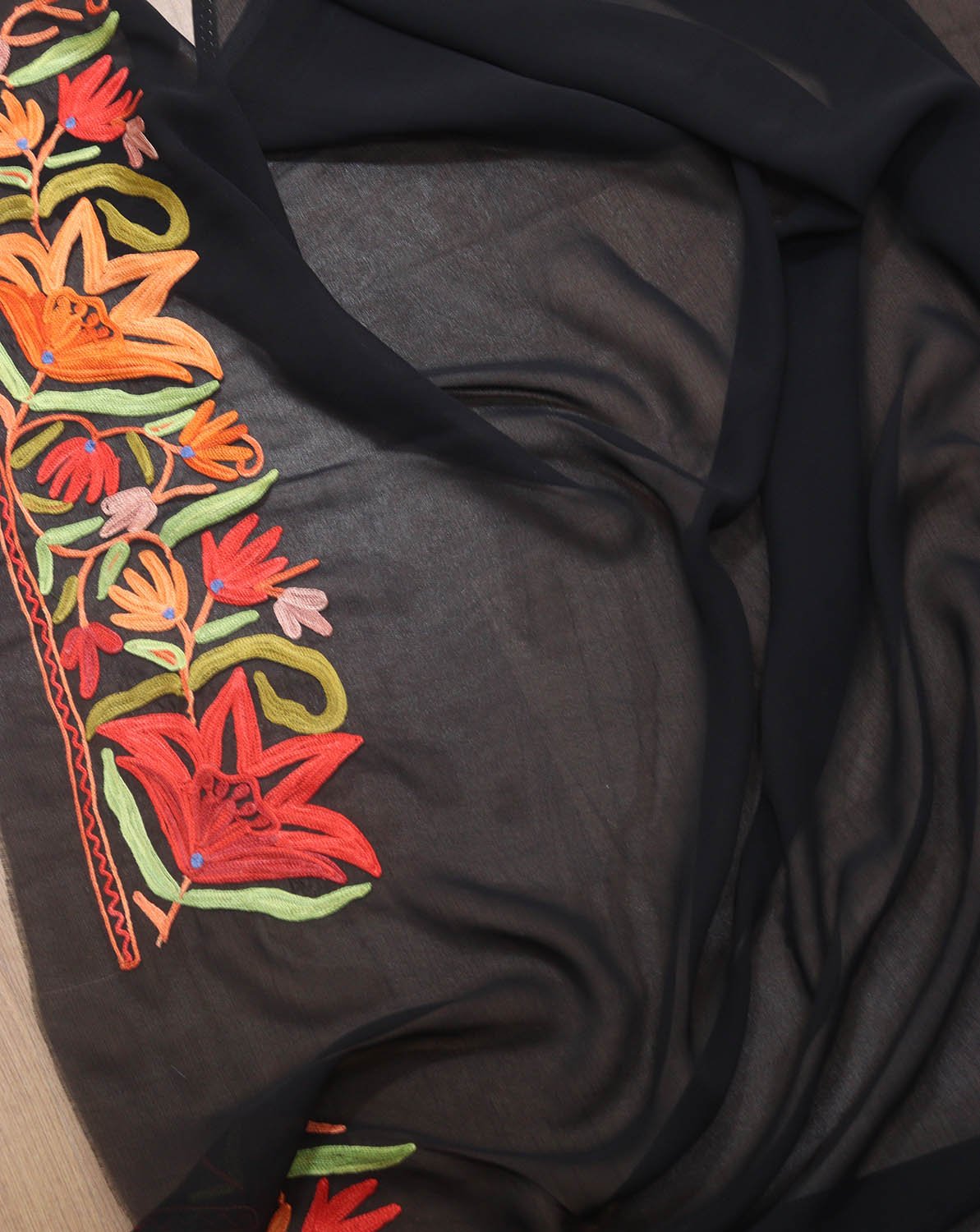 Black Embroidered Kashmiri Aari Work Georgette Saree - Luxurion World