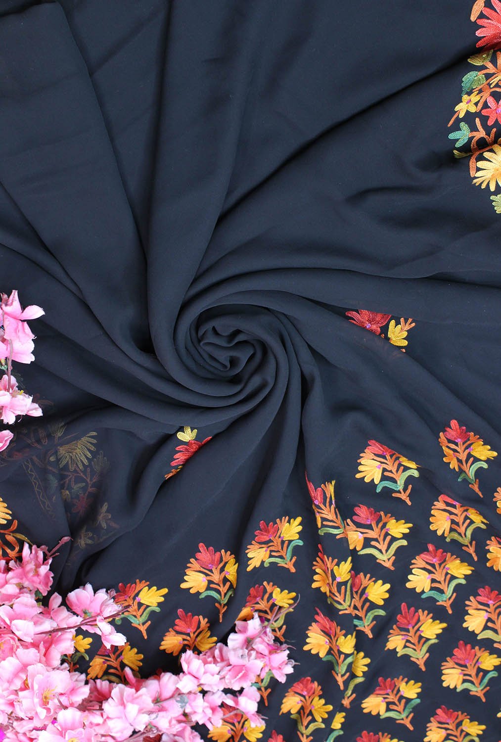 Black Embroidered Kashmiri Aari Work Georgette Saree - Luxurion World