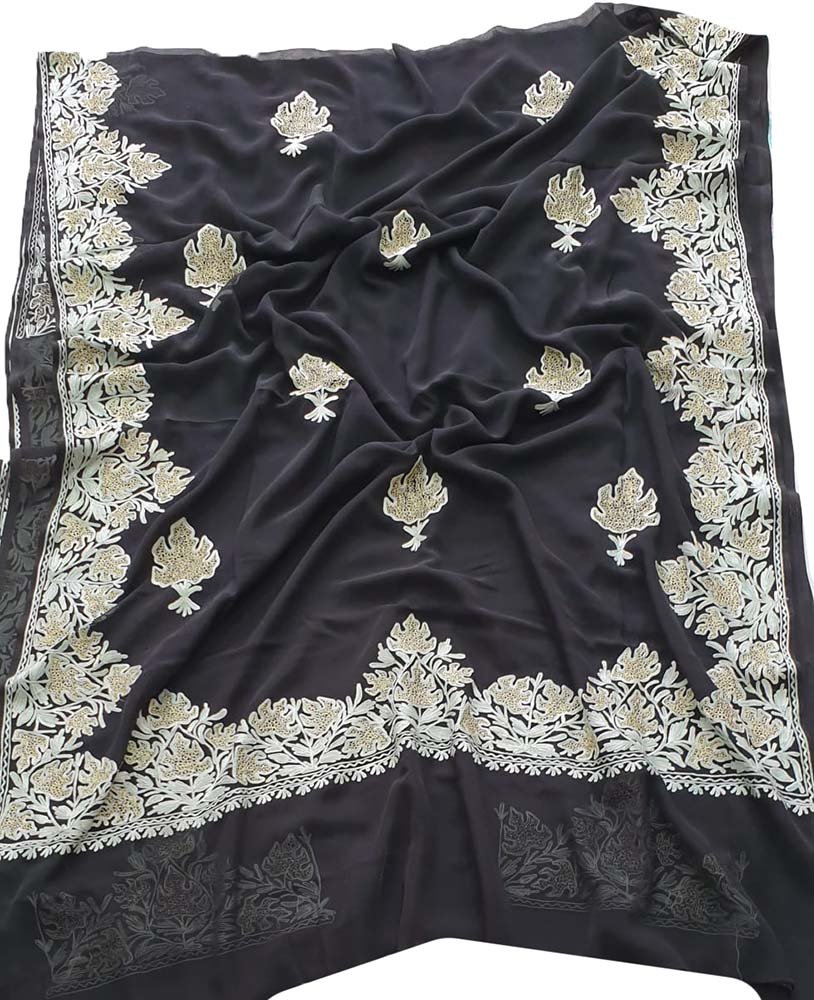 Black Embroidered Kashmiri Aari Work Georgette Saree - Luxurion World