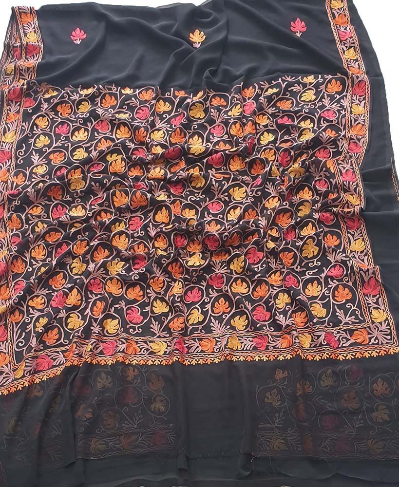 Black Embroidered Kashmiri Aari Work Georgette Saree - Luxurion World