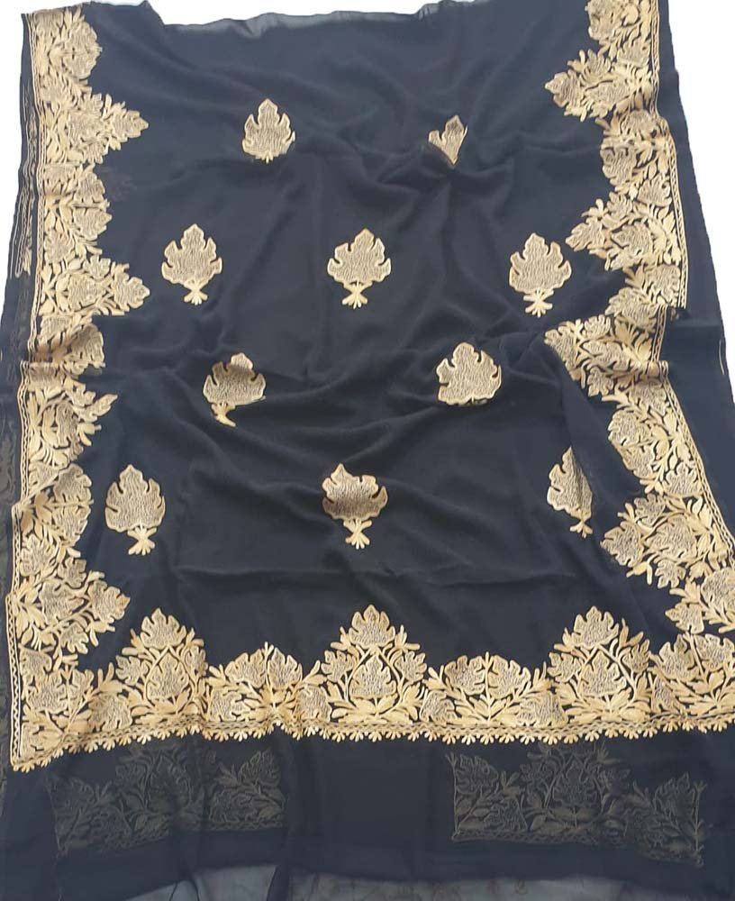 Black Embroidered Kashmiri Aari Work Georgette Saree - Luxurion World