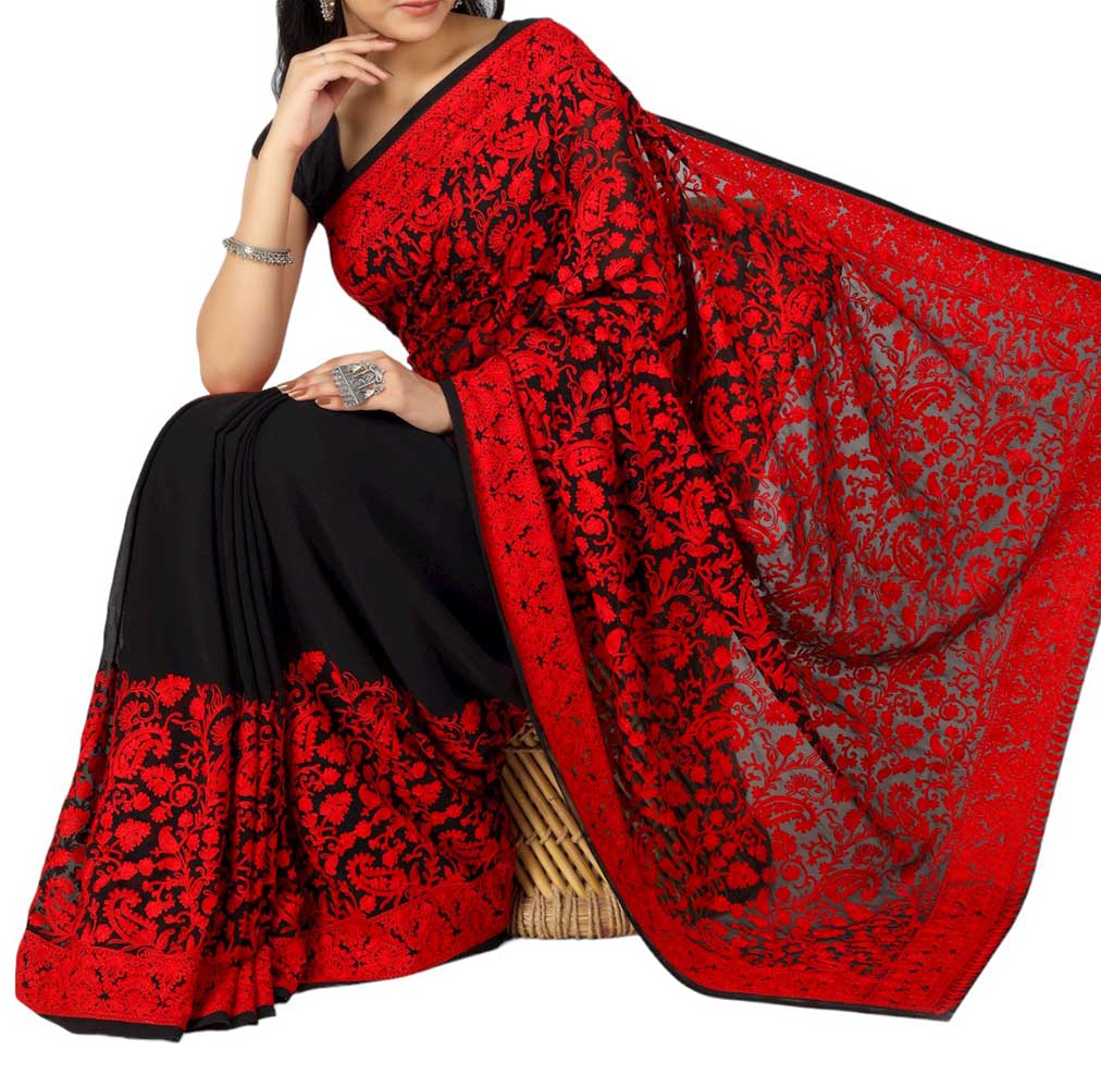 Black Embroidered Kashmiri Aari Work Georgette Saree - Luxurion World