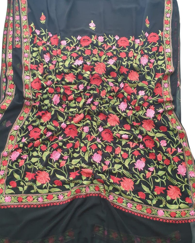 Black Embroidered Kashmiri Aari Work Georgette Saree - Luxurion World