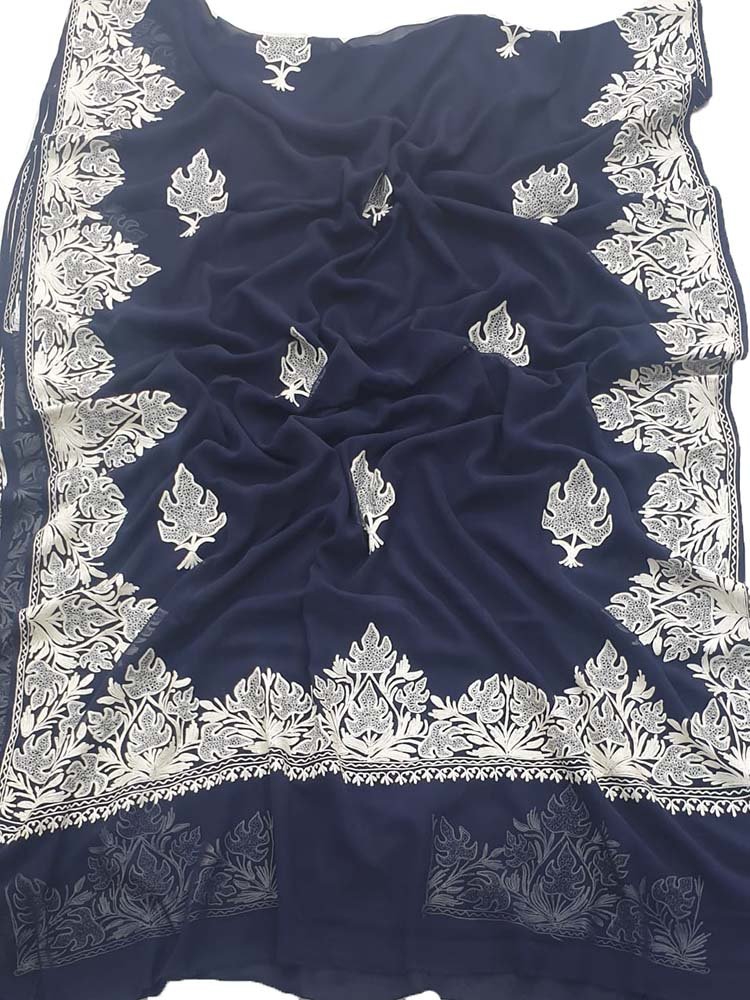 Black Embroidered Kashmiri Aari Work Georgette Saree - Luxurion World