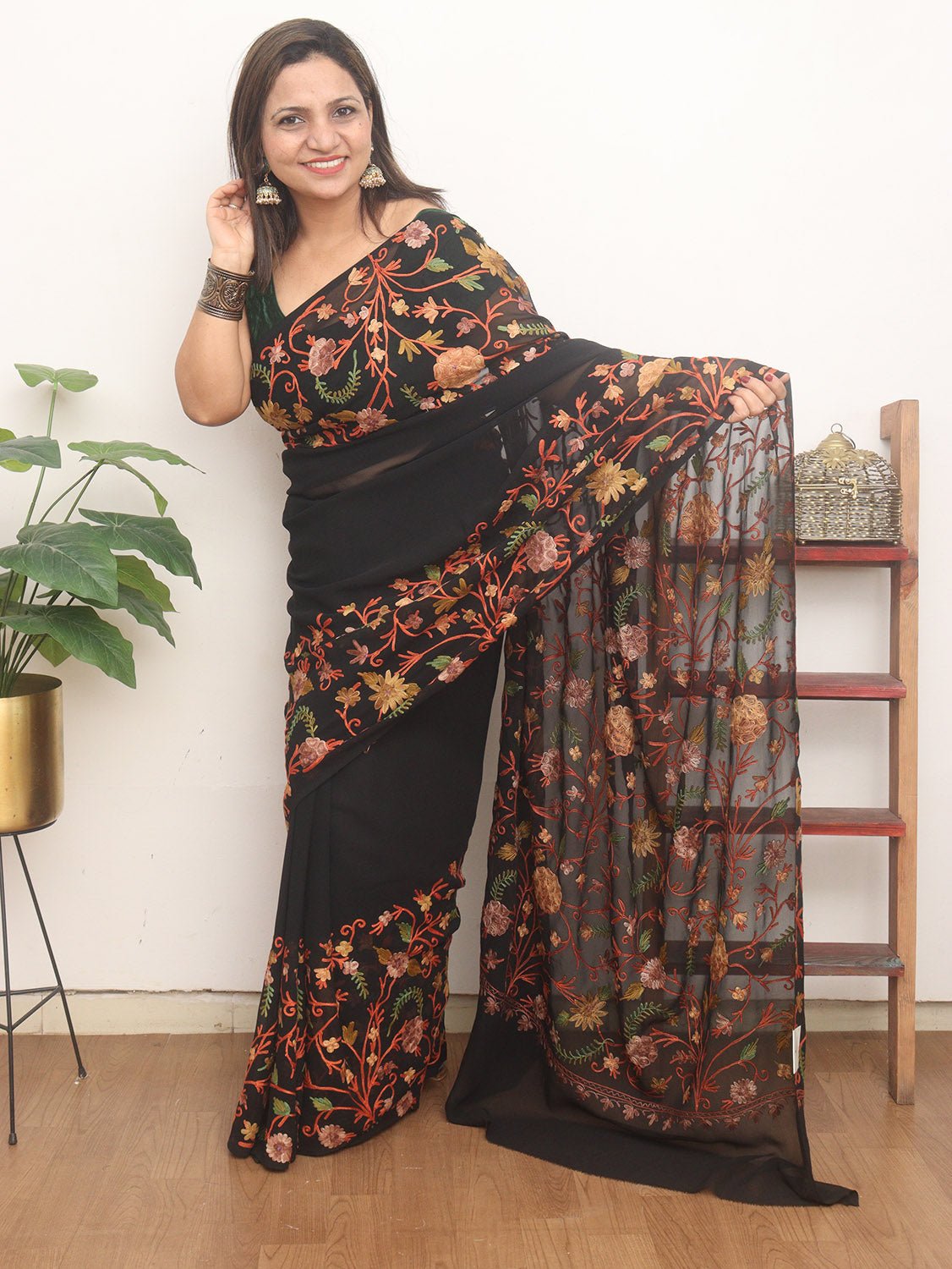 Black Embroidered Kashmiri Aari Work Georgette Saree - Luxurion World