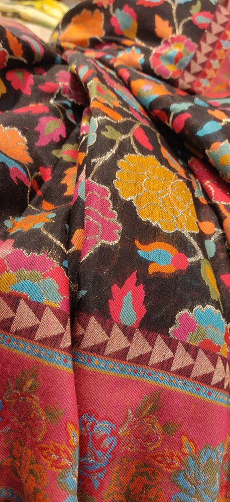 Black Embroidered Kashmiri Kani Work Pure Silk Saree - Luxurion World