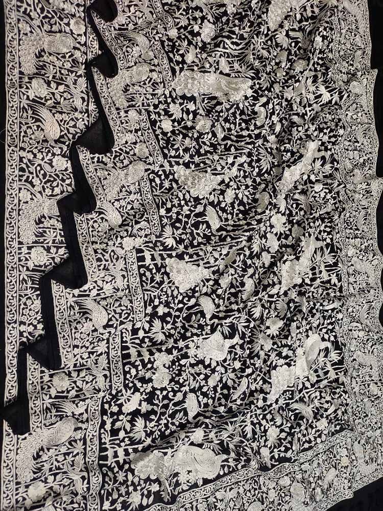 Black Embroidered Parsi Gara Georgette Floral And Bird Design Saree - Luxurion World