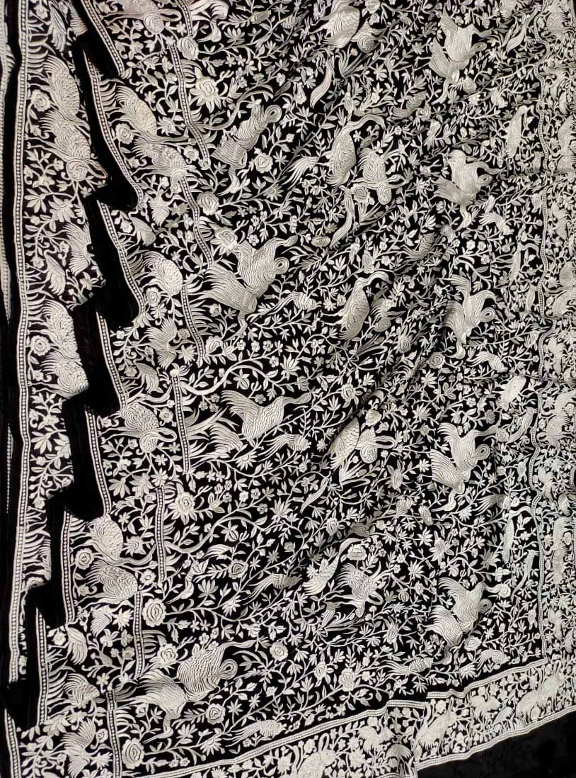 Black Embroidered Parsi Gara Georgette Floral And Bird Design Saree - Luxurion World