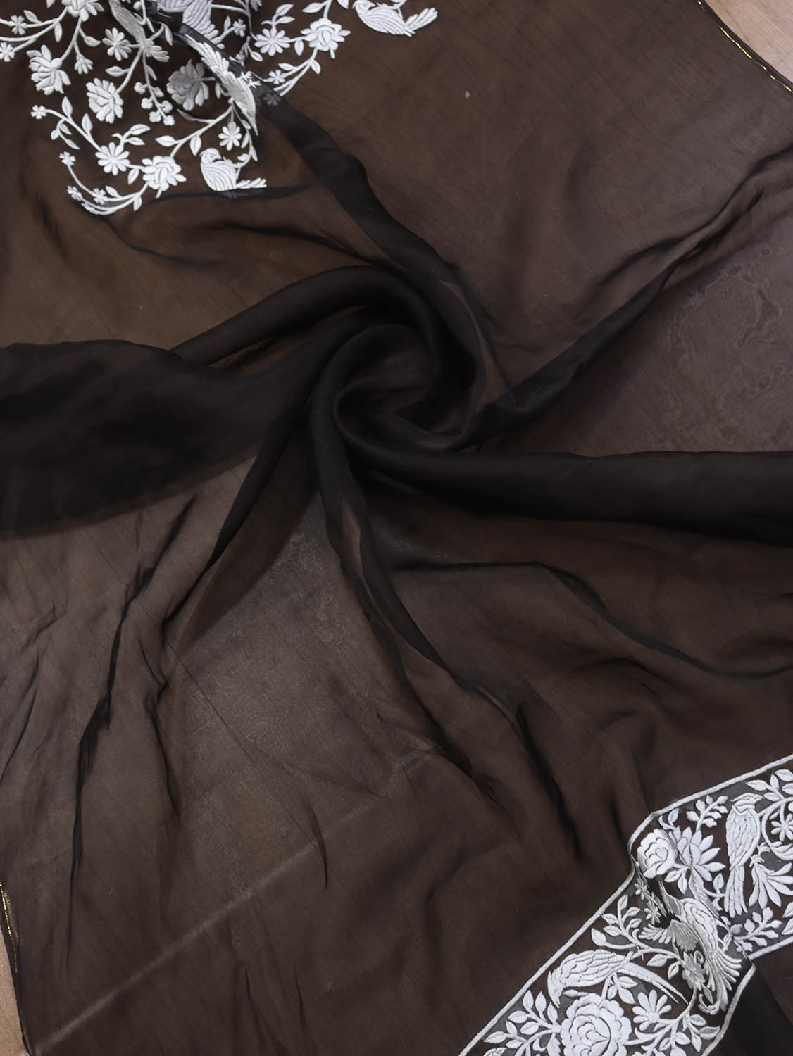 Black Embroidered Parsi Gara Organza Bird And Floral Design Saree - Luxurion World