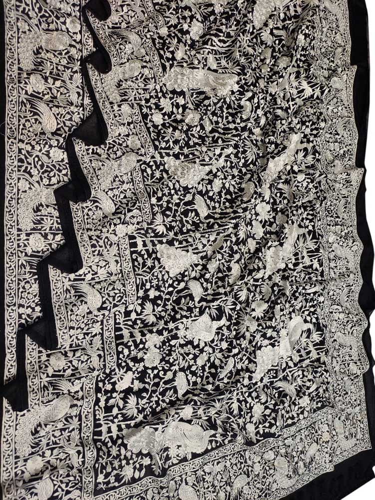 Black Embroidered Parsi Gara Pure Georgette Floral And Bird Design Saree - Luxurion World