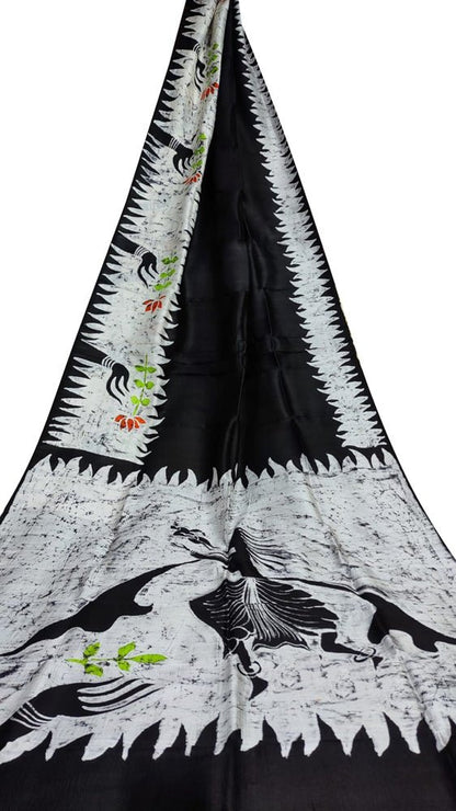 Black Hand Batik Silk Saree - Luxurion World