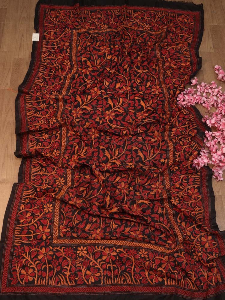 Black Hand Embroidered Kantha Bangalore Silk Dupatta - Luxurion World