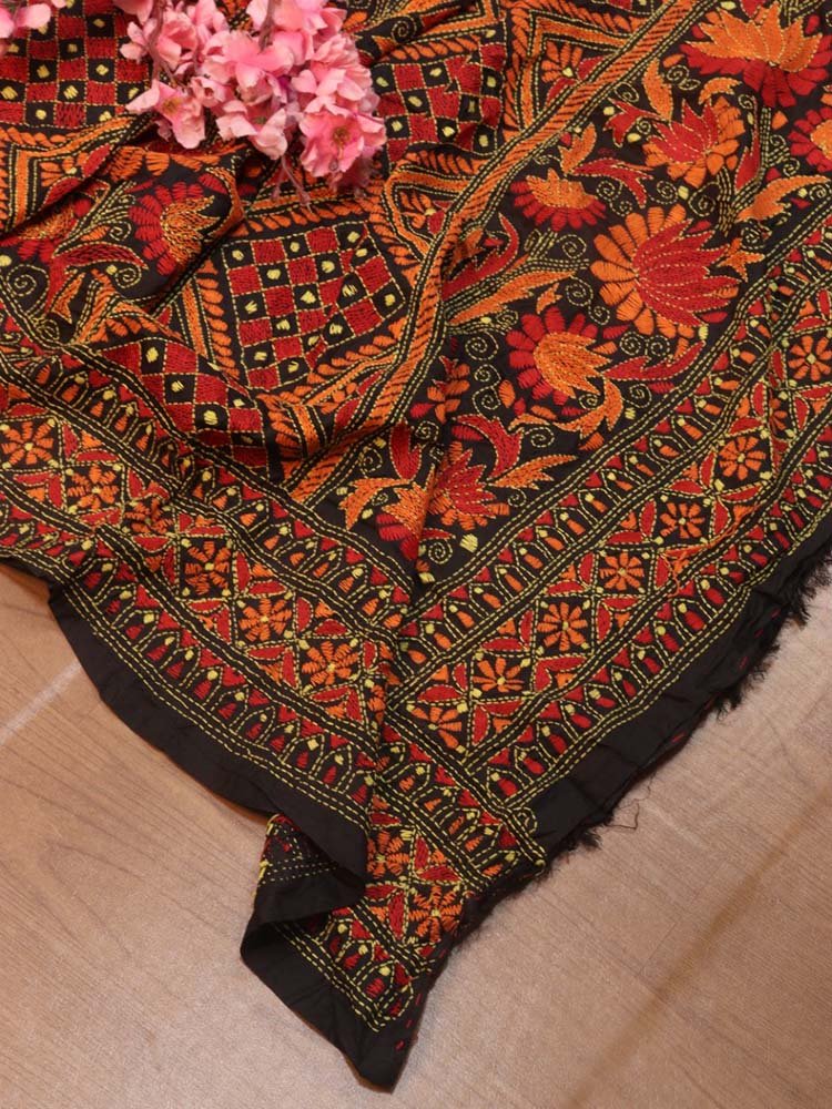 Black Hand Embroidered Kantha Bangalore Silk Dupatta - Luxurion World