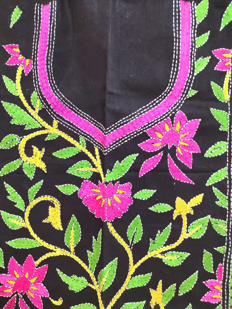 Black Hand Embroidered Kantha Cotton Unstitched Kurti - Luxurion World