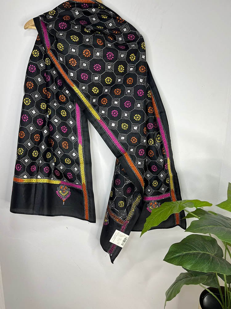 Black Hand Embroidered Kantha Pure Bangalore Silk Stole - Luxurion World