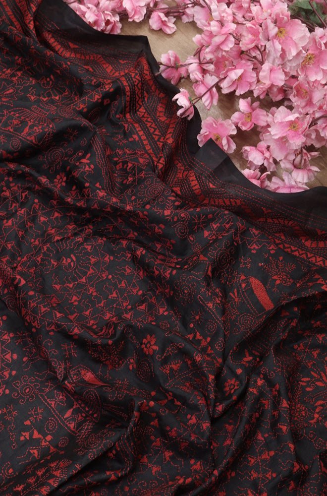 Hand-Embroidered Kantha Silk Dupatta with Warli Design - Luxurion World