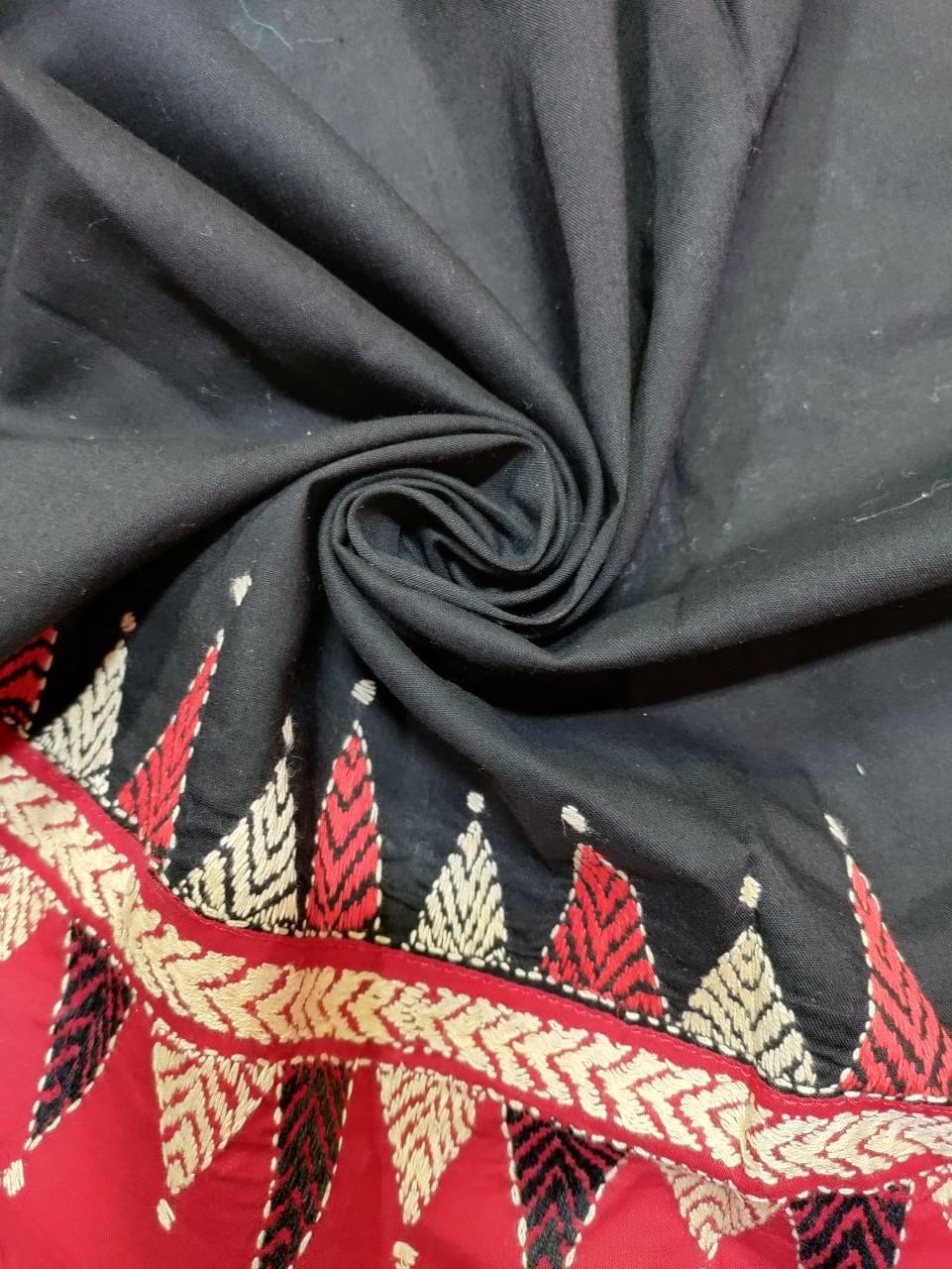 Black Hand Embroidered Kantha Work Cotton Blouse Piece ( 0.75 Mtr ) - Luxurion World