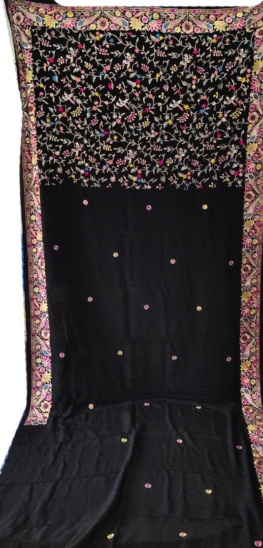 Black Hand Embroidered Parsi Gara Crepe Floral Design Saree - Luxurion World